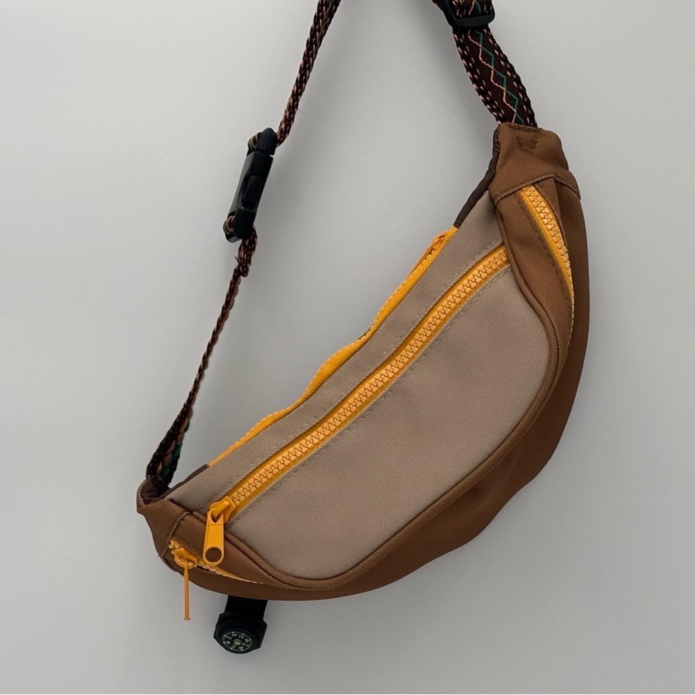 Vintage Zara Canvas Belt Bag with Geometric Strap & Compass in Retro Mocha